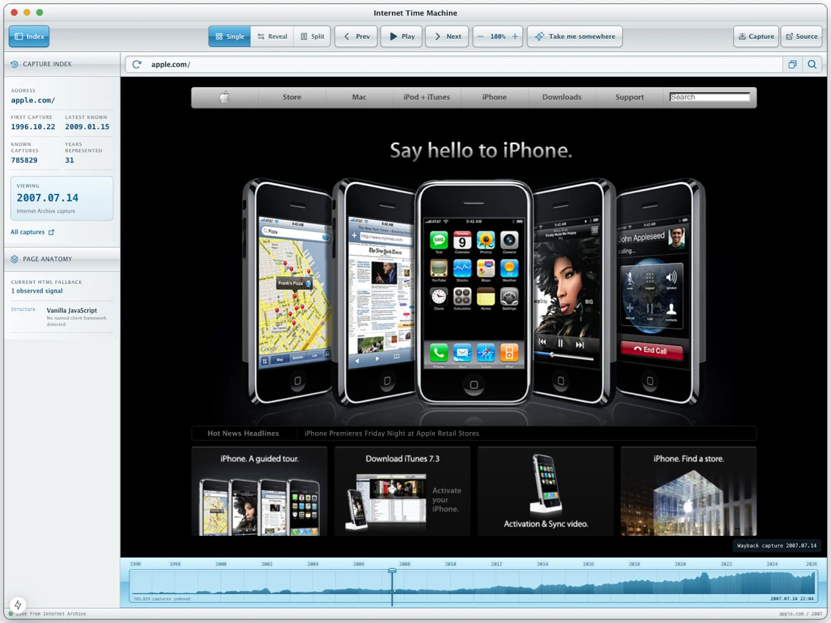 Internet Time Machine showing Apple’s 2007 homepage beside its capture index and archive timeline