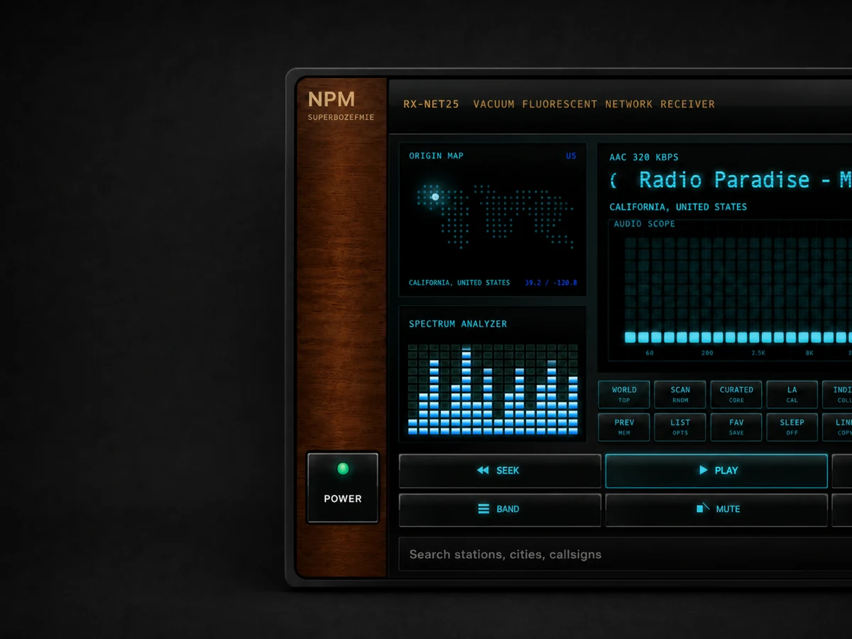 Left half of the dark walnut Internet Radio Receiver actively playing Radio Paradise against a charcoal background